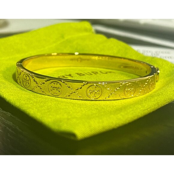 Tory Burch T Monogram Gold Logo Hinged Bangle Bracelet - Picture 4 of 5
